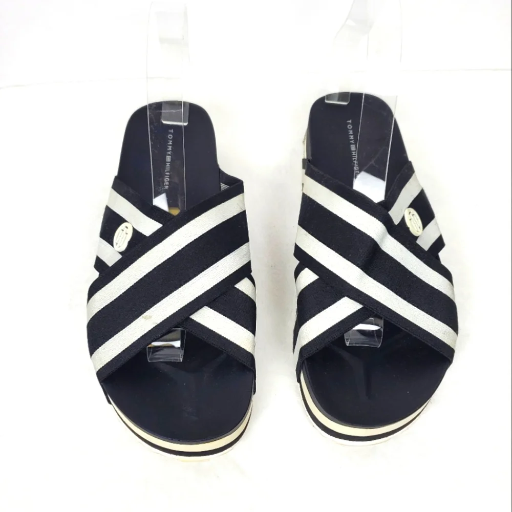 Tommy Hilfiger Black and White Striped Sandals 7.5